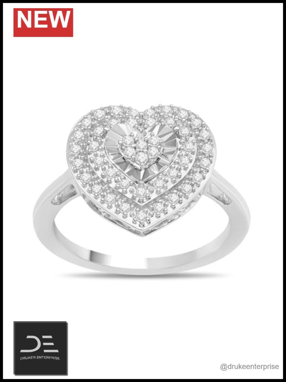 Sterling Silver Double Halo Round Heart Engagement Ring 1/4 CTTW Natural Diamond